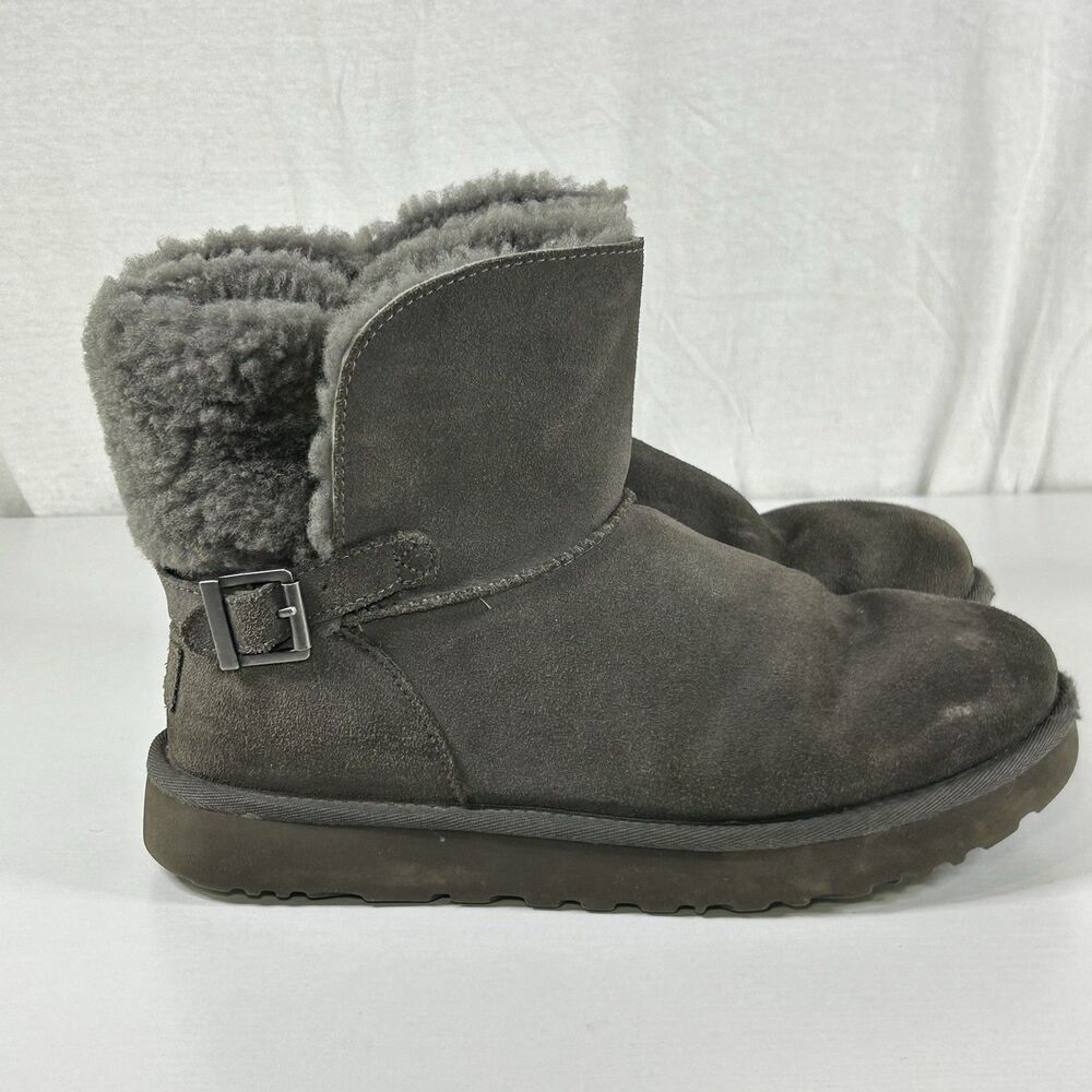 UGG Women's 9 Karel Classic Mini Fur Lined Gray Suede Ankle Buckle Snow Boots